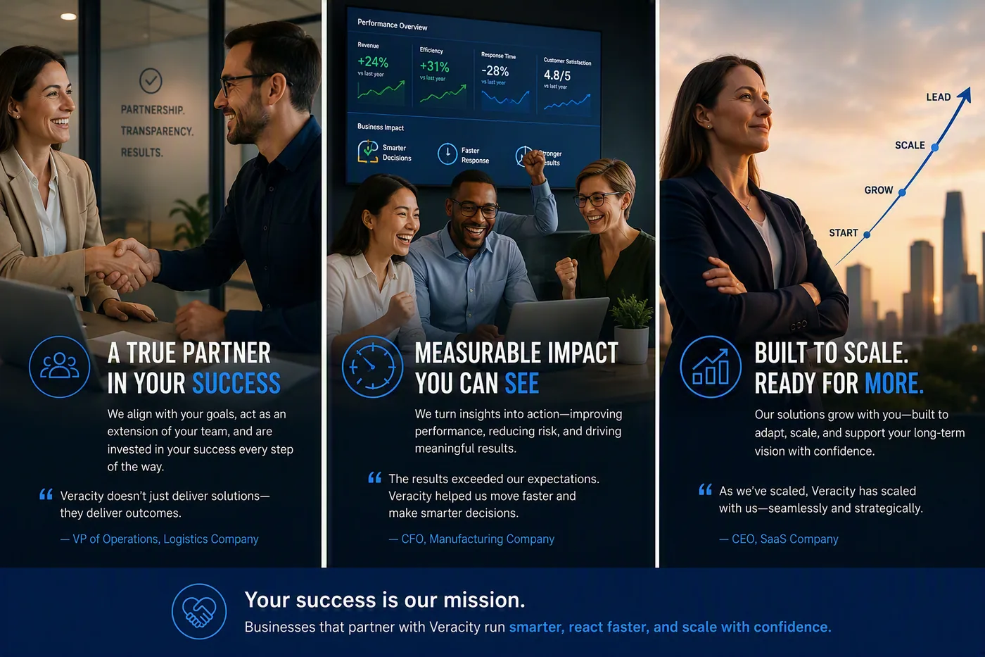 Veracity Technologies client success overview: partnership, measurable business impact, and scalable growth, with testimonials from a VP of Operations, CFO, and CEO